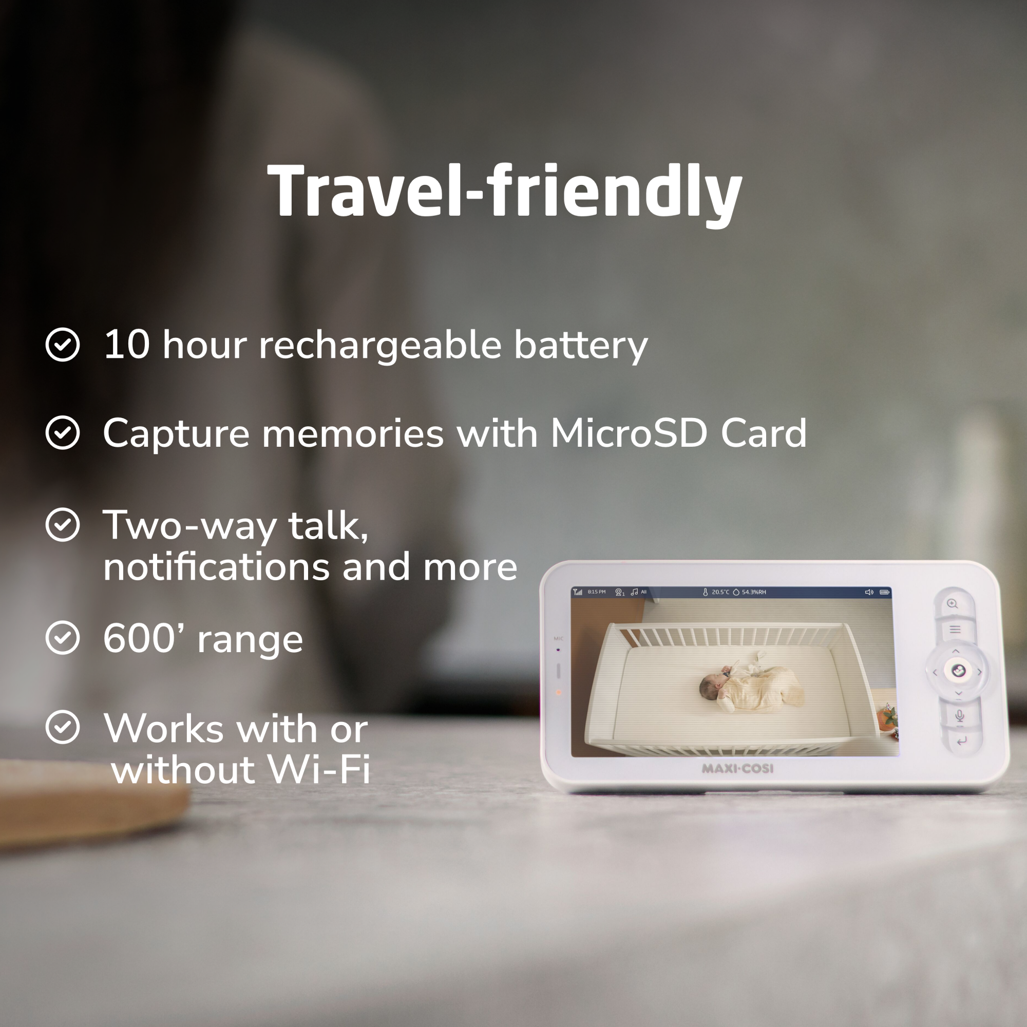 See Pro 360° Baby Monitor - Travel-friendly: 10 hour rechargeable battery, Capture memories with MicroSD Card, Two-way talk, notifications and more, 600' range, Works with or without Wi-Fi