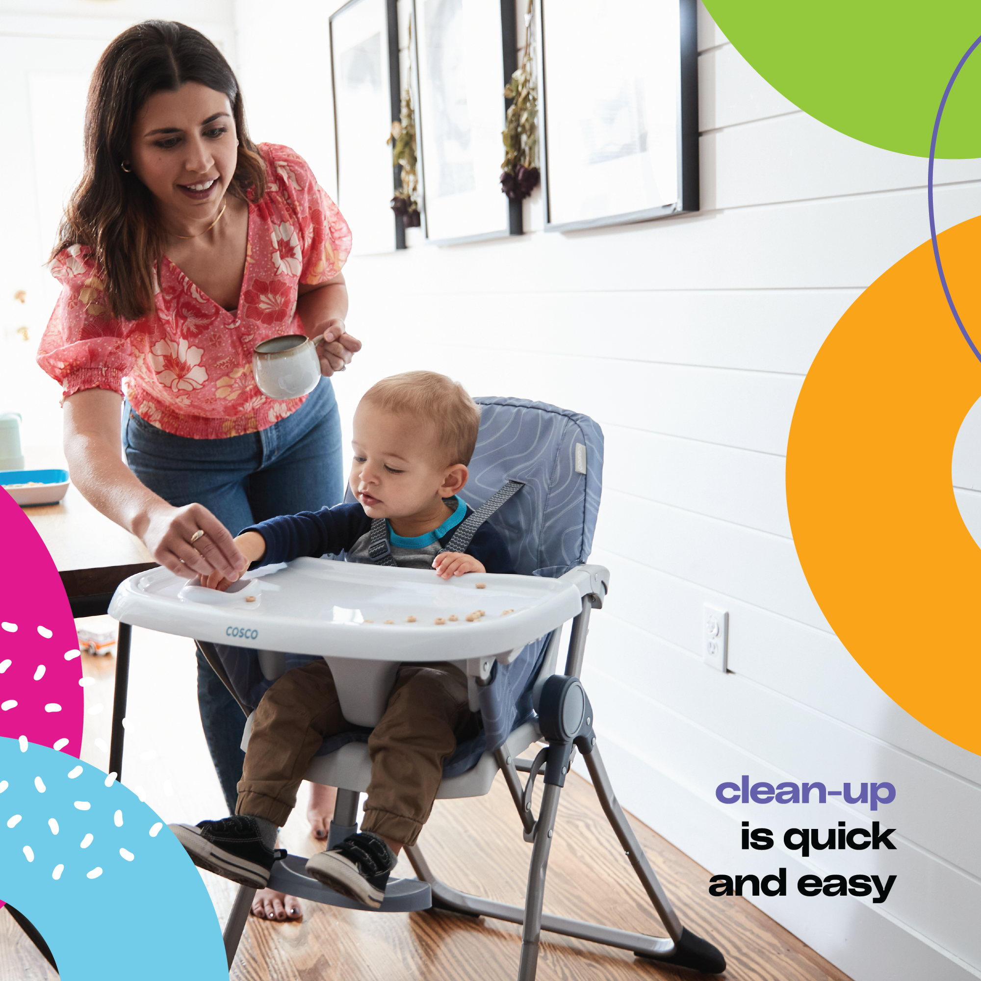 Cosco Kids™ Simple Fold™ Adjustable High Chair - Organic Waves - clean-up is quick and easy