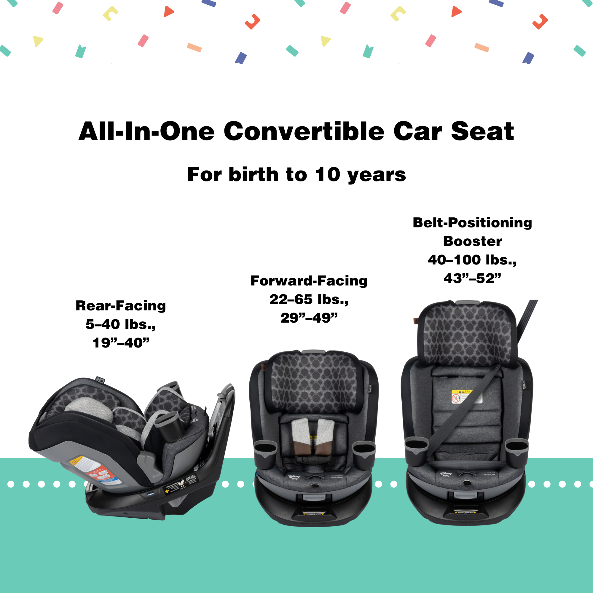 Disney Baby Turn and Go 360 Rotating All-in-One Convertible Car Seat - all-in-on convertible car seat for birth to 10 years: rear-facing 5-40 lbs., 19"-40"; forward-facing 22-65 lbs., 29"-49"; belt-positioning booster 40-100 lbs., 43"-52"