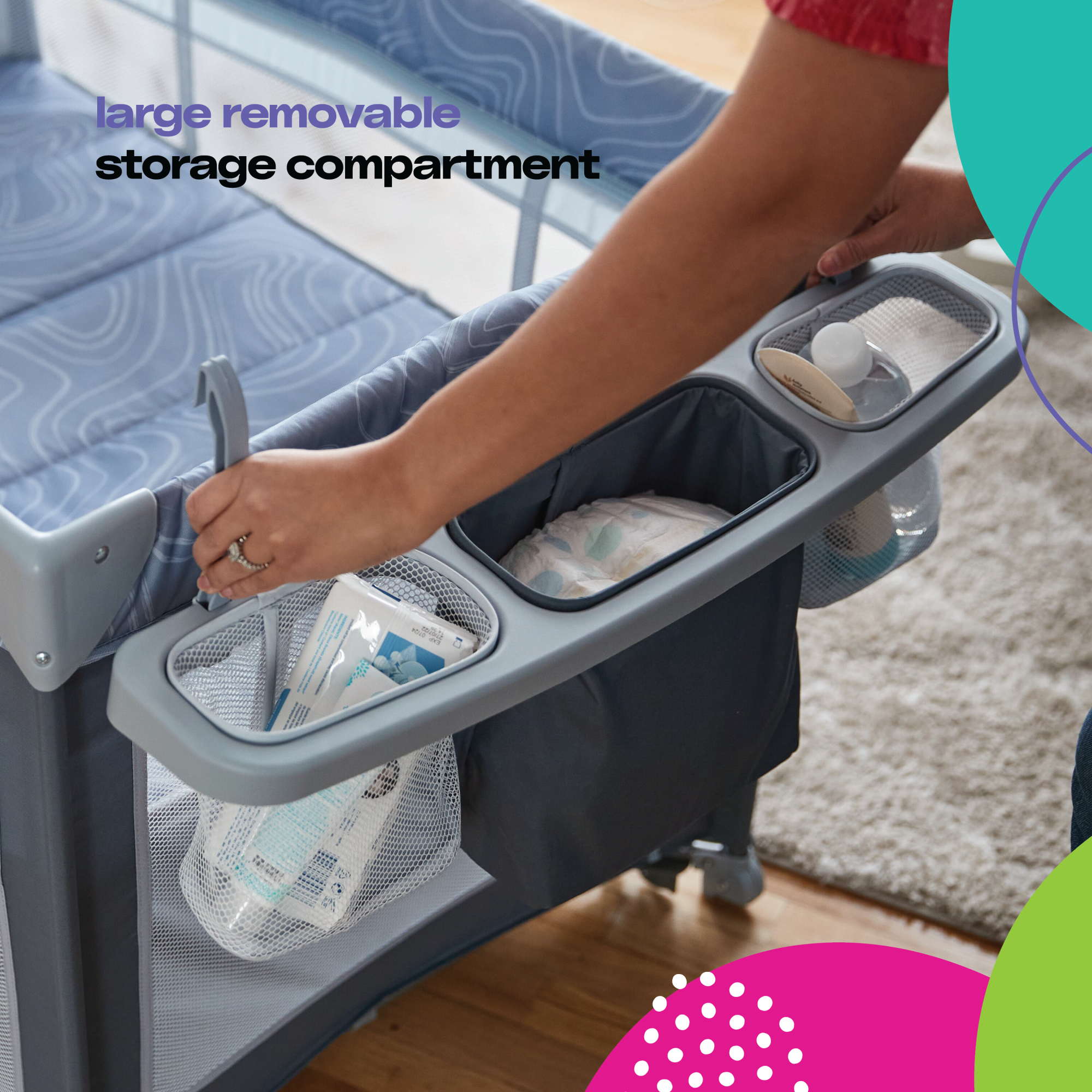 Cosco Kids™ Rocking Bassinet with Play Yard DLX - Organic Waves - large removable storage compartment