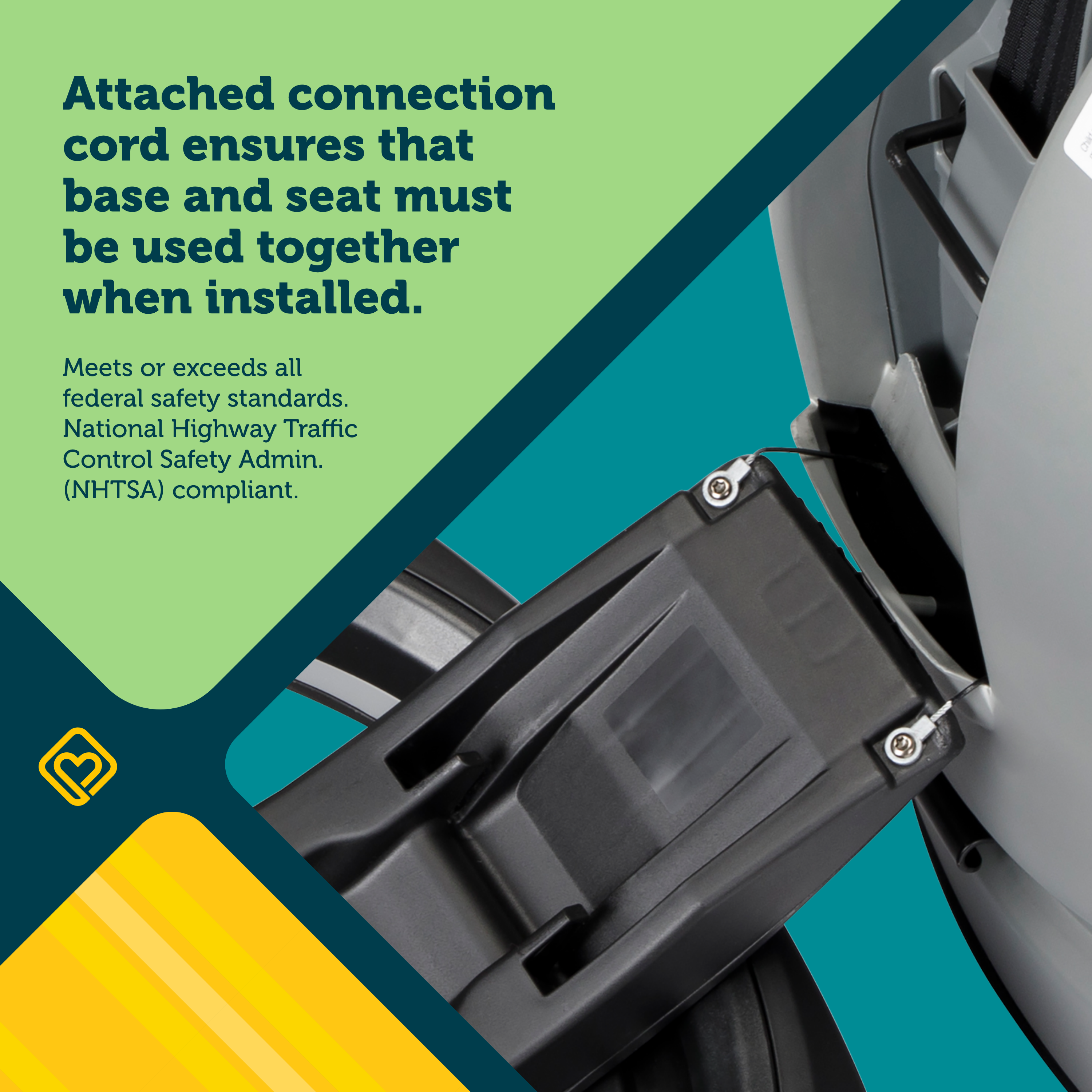 Turn and Go 360 DLX Rotating All-in-One Convertible Car Seat - attached connection cord ensures that base and seat must be used together when installed - meets or exceeds all federal safety standards. National Highway Traffic Control Safety Admin. (NHTSA) compliant