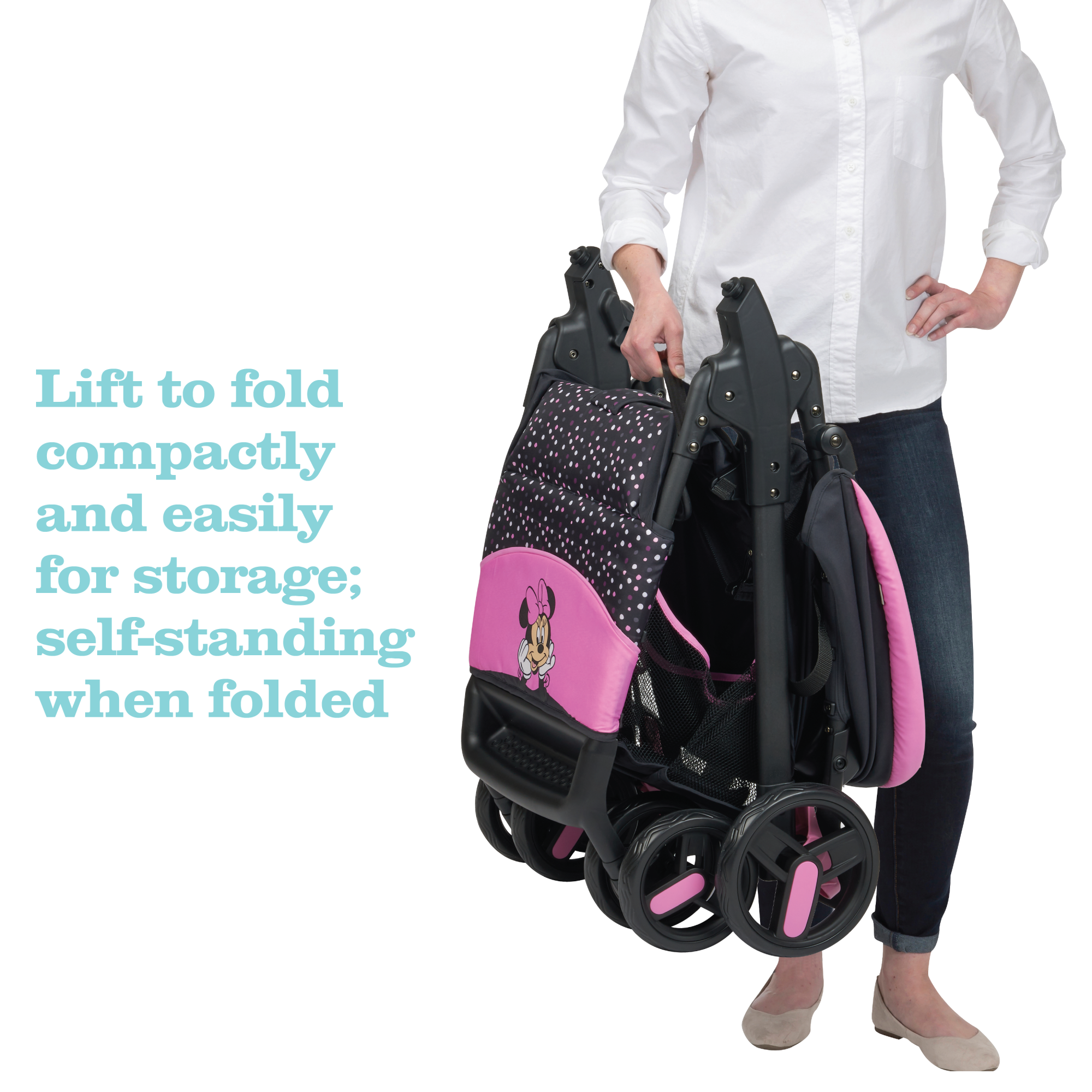 Disney Baby Disney Simple Fold™ LX Travel System - Minnie Dot Party - lift to fold compactly and easily for storage; self-standing when folded