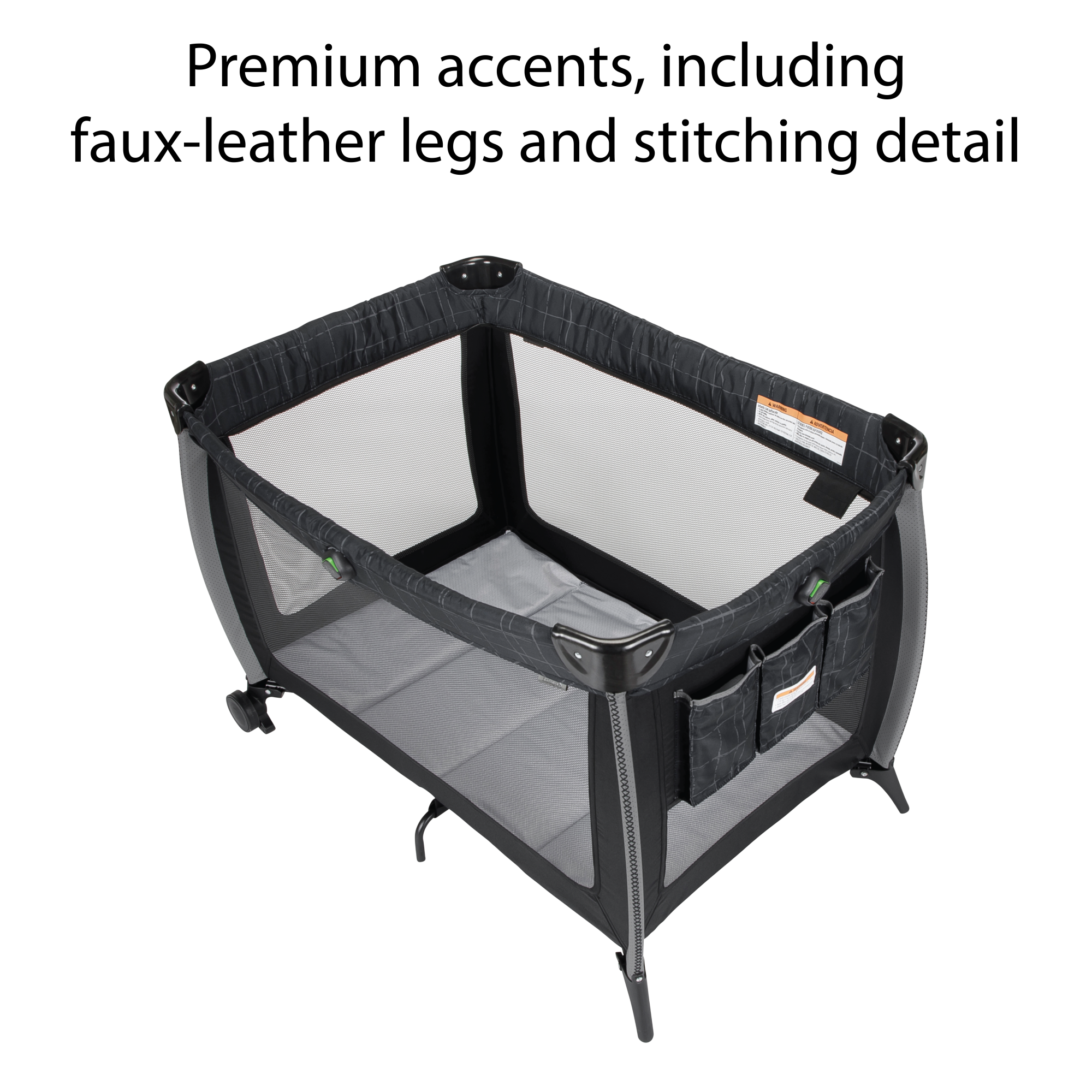 Play-and-Stay Play Yard - premium accents, including faux-leather legs and stitching detail