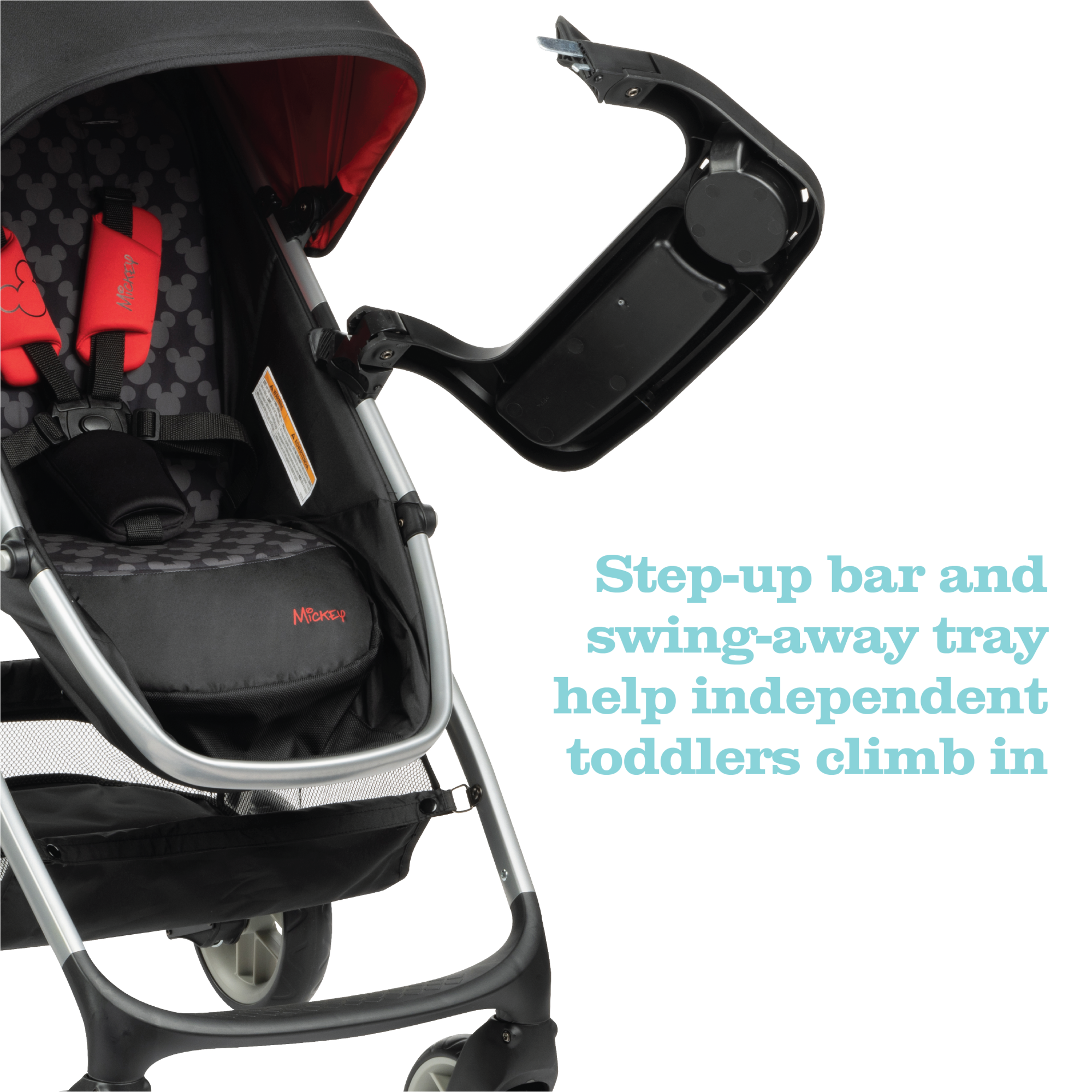 Disney Baby Grow and Go™ Modular Travel System - step-up bar and swing-away tray help independent toddlers climb in