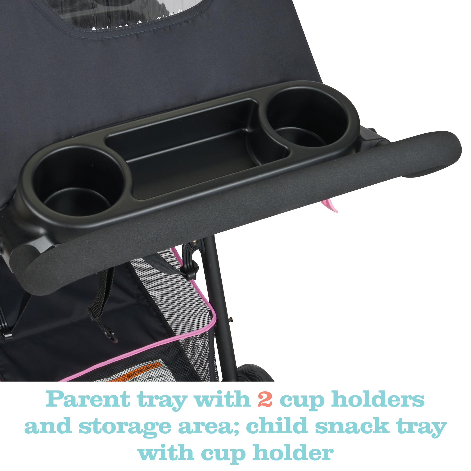 Disney Baby Disney Simple Fold™ LX Travel System - Minnie Dot Party - parent tray with 2 cup holders and storage area; child snack tray with cup holder