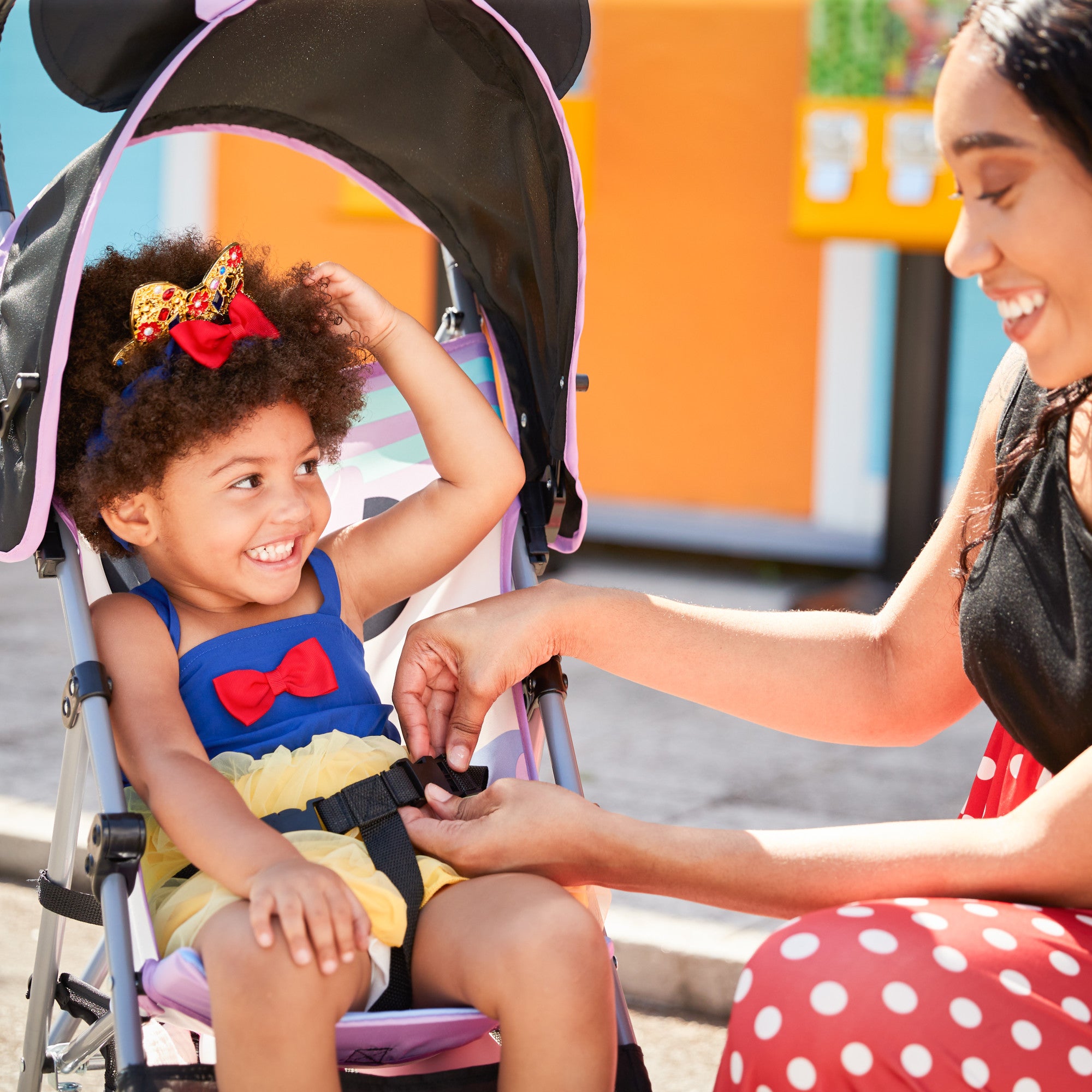 Disney Baby Character Umbrella Stroller - smiling mother & daughter