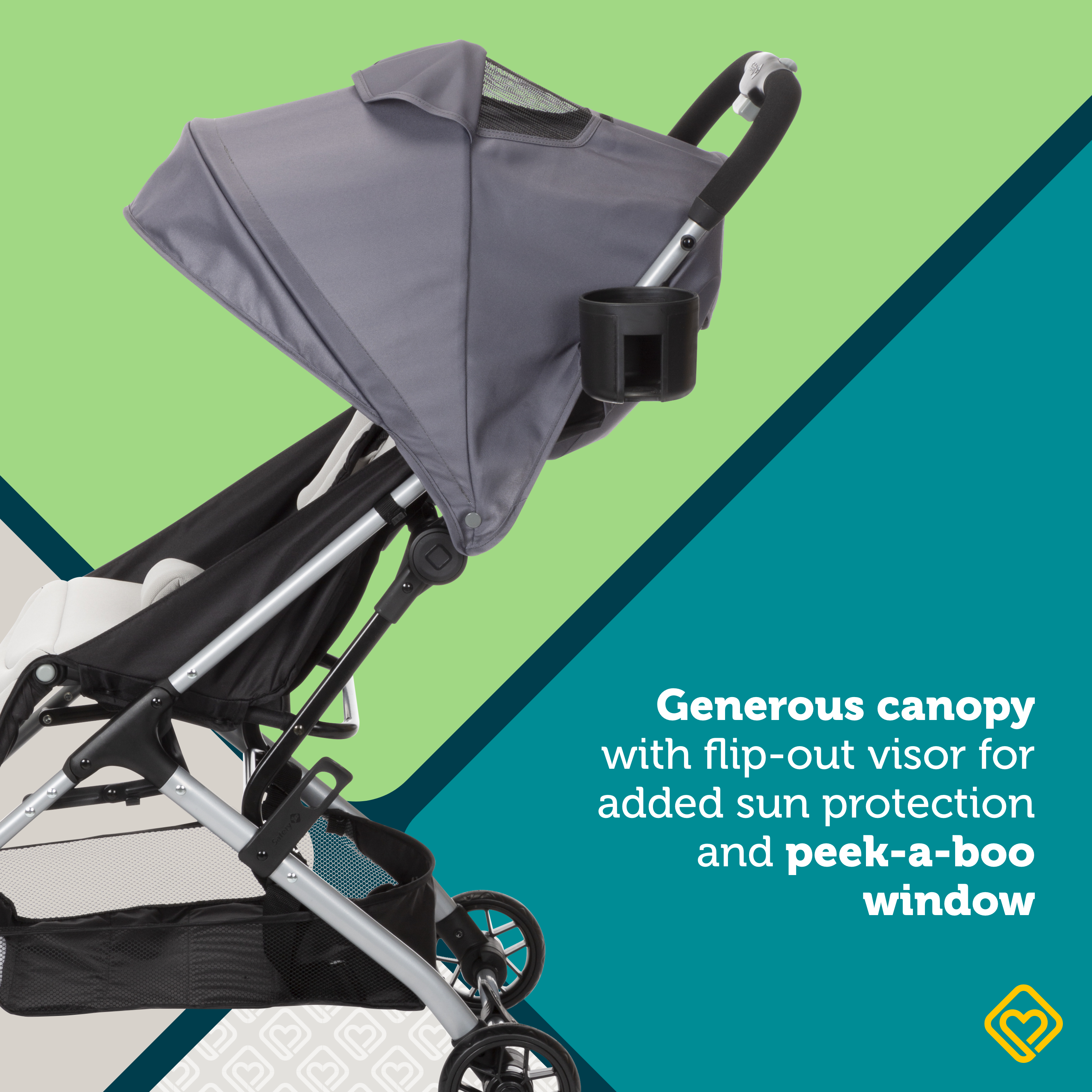 Easy-Fold Compact Stroller - generous canopy with flip-out visor for added sun protection and peek-a-boo window