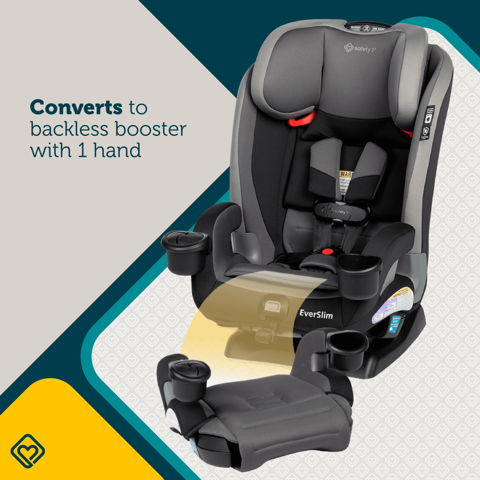 EverSlim 4-Mode All-in-One Convertible Car Seat - ultra-slim design - just 17.3" across without the cup holders - fits 3 across most back seats