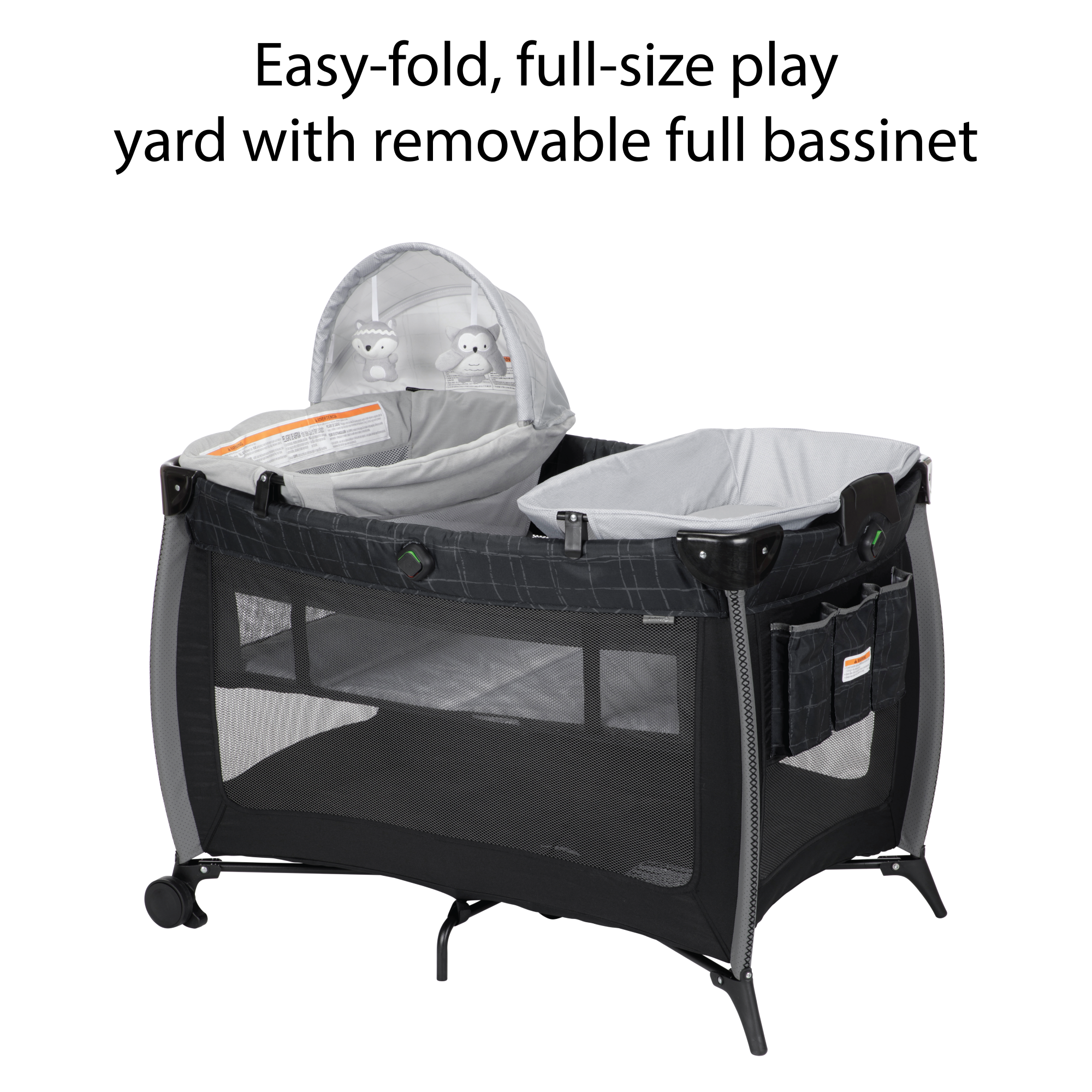 Play-and-Stay Play Yard - flip-away infant bassinet with airy mesh sides and true comfort memory foam