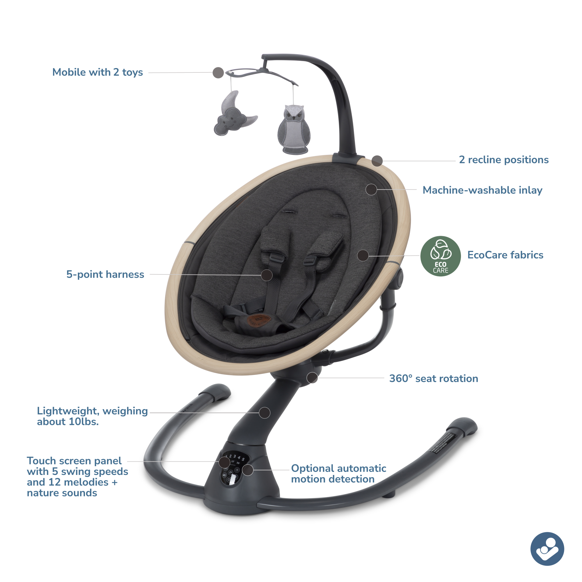 Cassia Swing - Classic Graphite - infographic: mobile with 2 toys, 2 recline positions, machine-washable inlay, EcoCare fabrics, 5-point harness, lightweight, weighing about 10 lbs., 360 degree seat rotation, touch screen panel with 5 swing speeds and 12 melodies + nature sounds, optional automatic motion detection