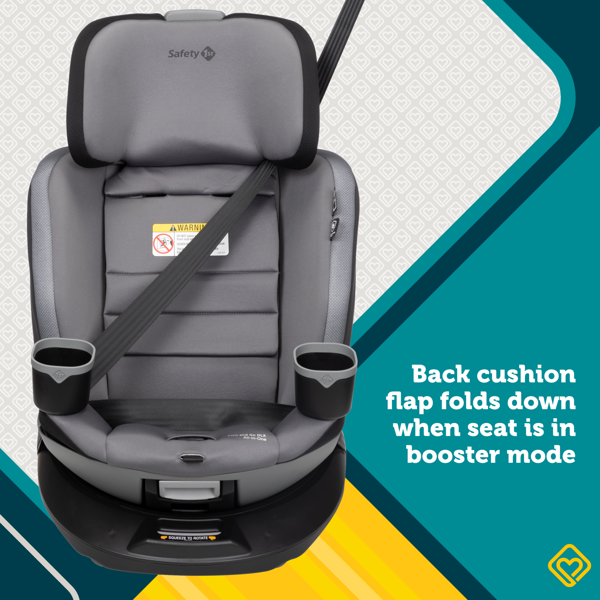 Turn and Go 360 DLX Rotating All-in-One Convertible Car Seat - back cushion flap folds down when seat is in booster mode