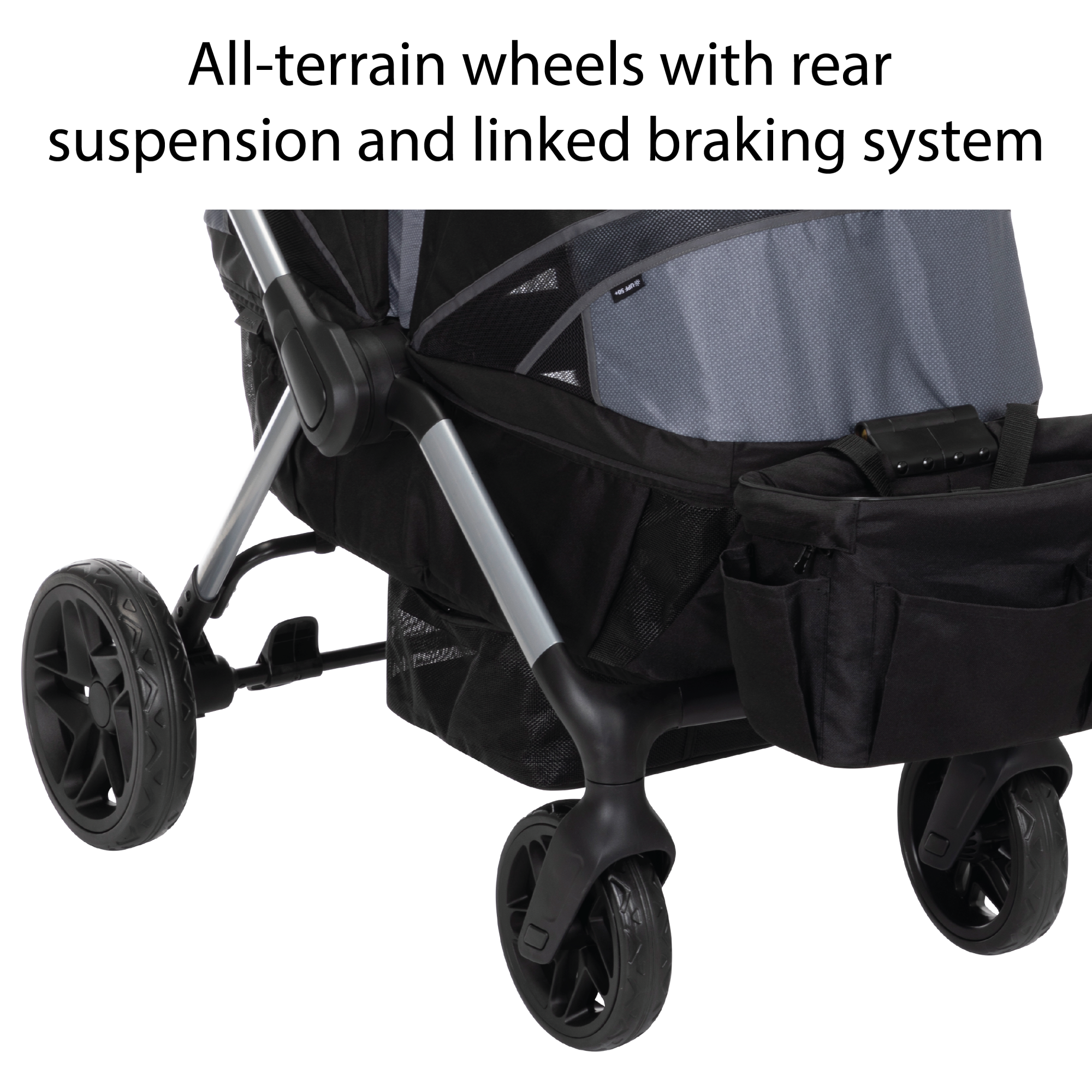 Summit Wagon Stroller - all-terrain wheels with rear suspension and linked braking system