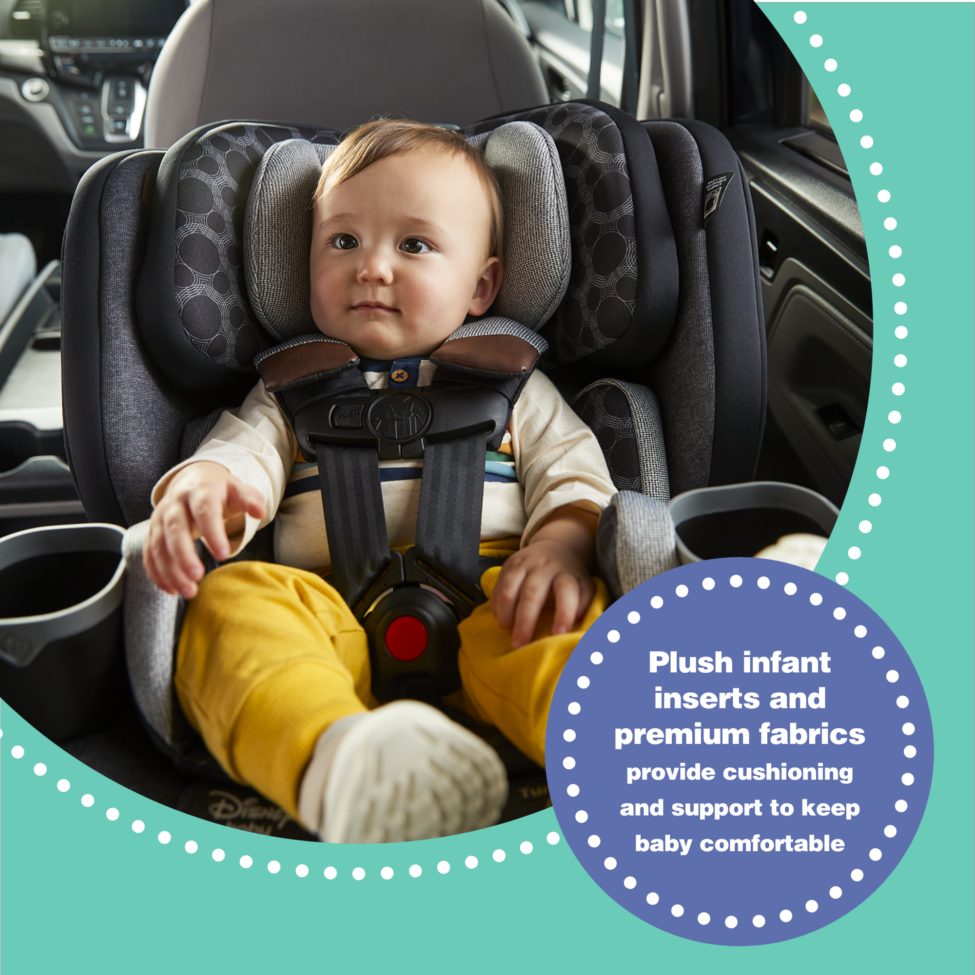 Disney Baby Turn and Go 360 Rotating All-in-One Convertible Car Seat - plush infant inserts and premium fabrics provide cushioning and support to keep baby comfortable
