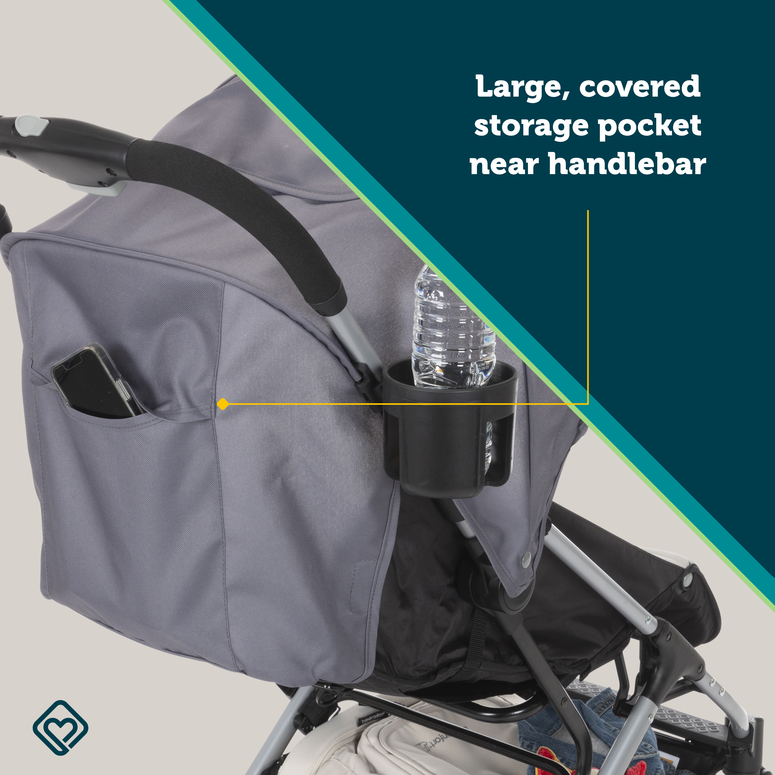 Easy-Fold Compact Stroller - large, covered storage pocket near handlebar
