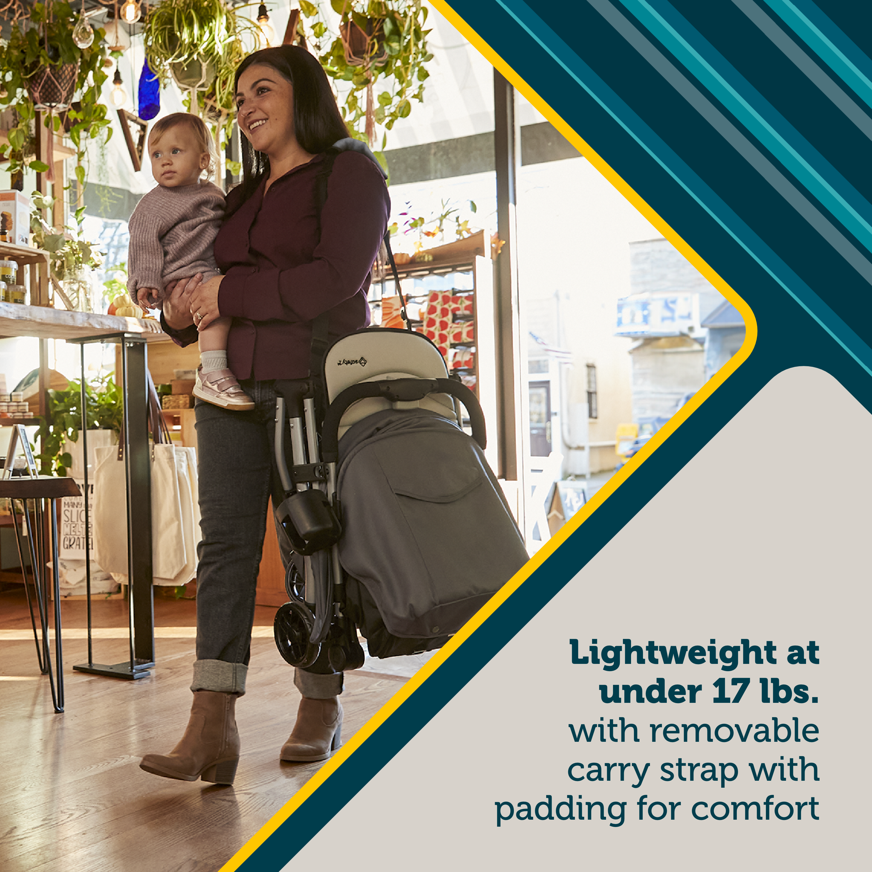 Easy-Fold Compact Stroller - lightweight at under 17 lbs. with removable carry strap with padding for comfort