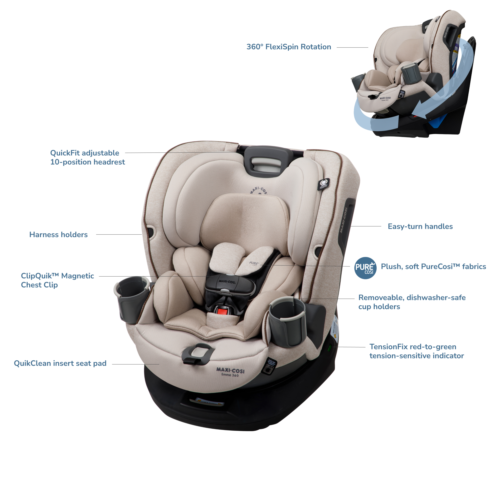 Emme 360™ Rotating All-in-One Convertible Car Seat - Desert Wonder - hotspot image showing all features