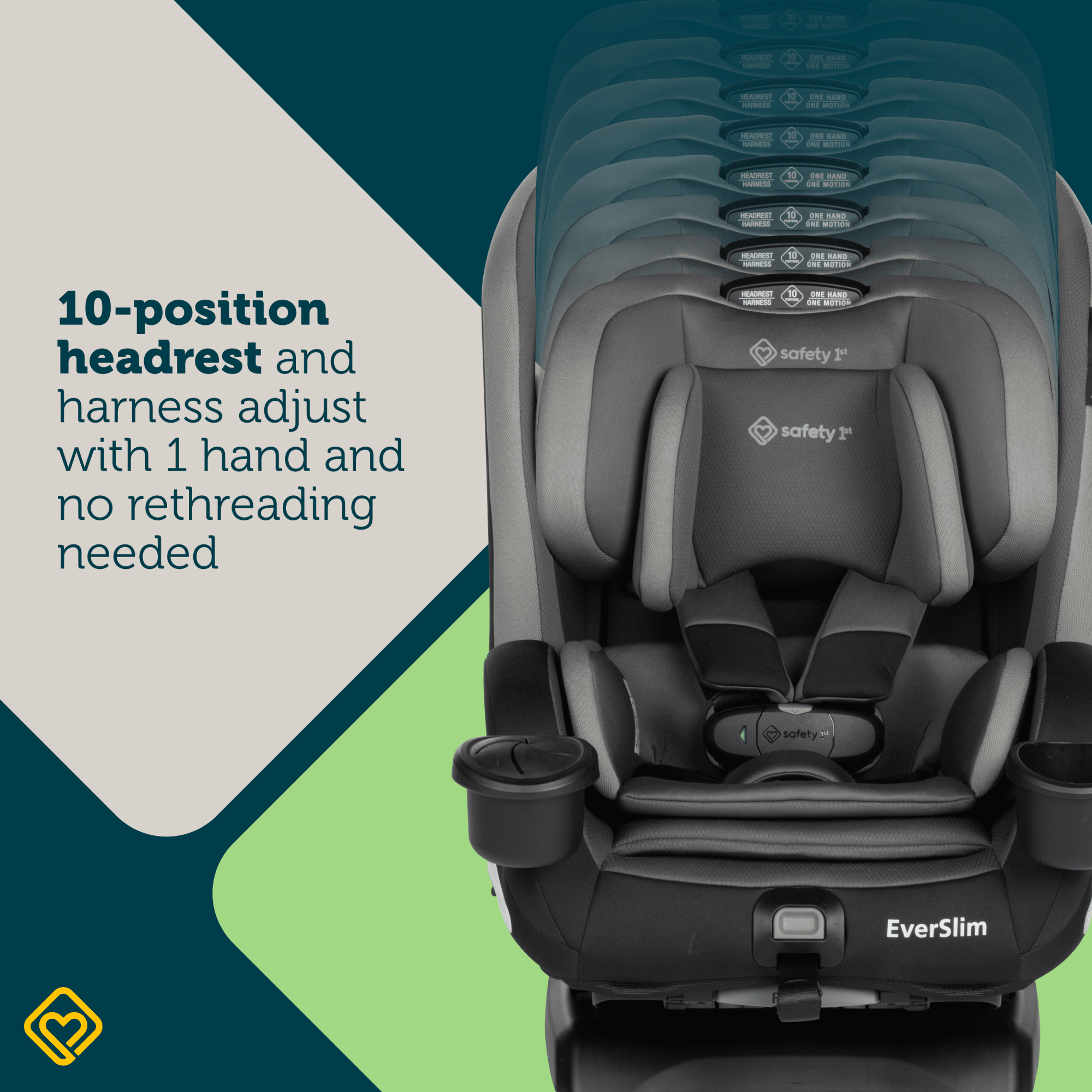 EverSlim 4-Mode All-in-One Convertible Car Seat - 10-position headrest and harness adjust with 1 hand and no rethreading needed